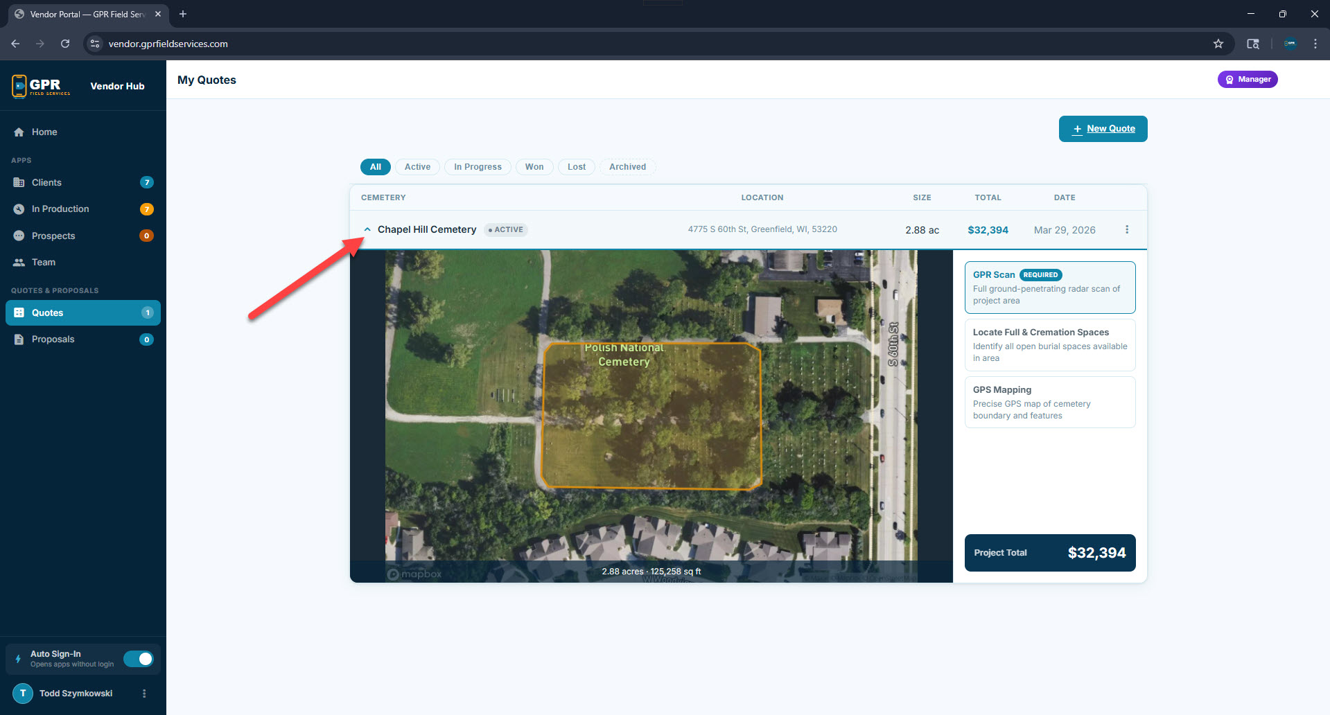 Saved quote with map detail