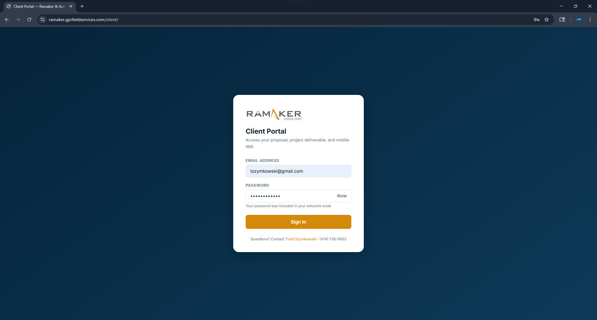 Client portal login screen