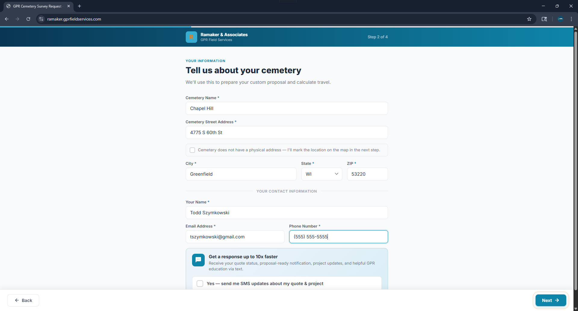 Cemetery and contact info form